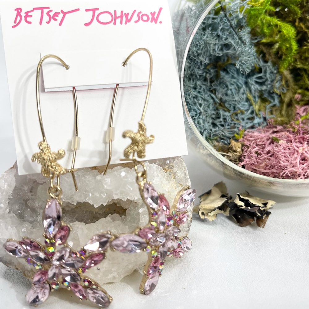 Betsey Johnson Pink Rhinestone Star Fish Crystal‎ Gold Tone Dangle Earrings